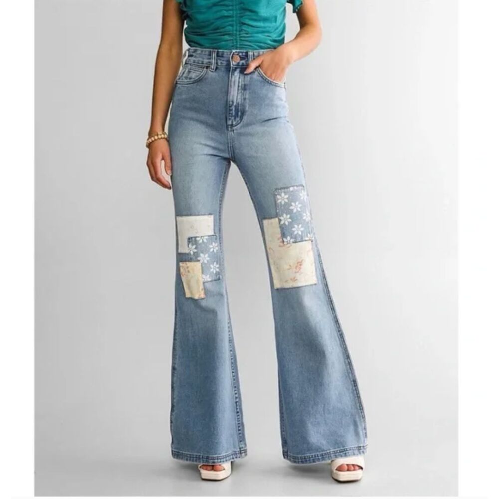 Wrangler x Billabong Super Flare Jean Patchwork Distressed High Rise Surf NWOT